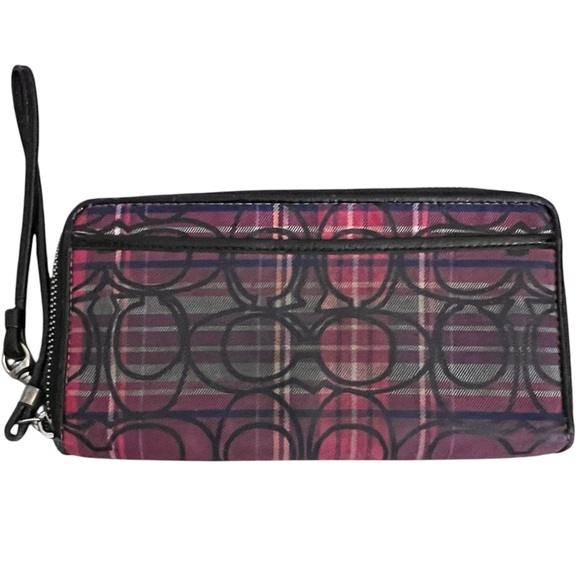 Coach Poppy Purple Tartan Plaid Zip Around Wallet Clutch - Picture 2 of 4